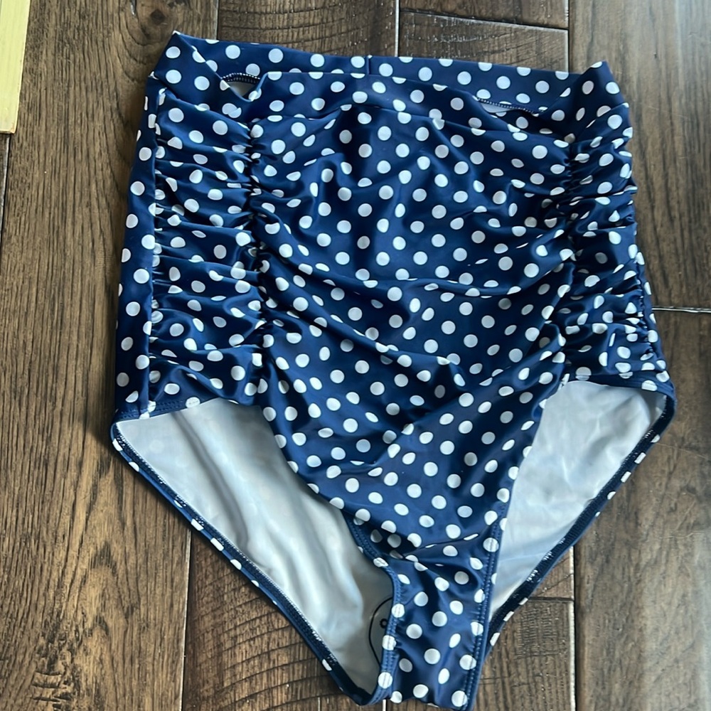 COCOSHIP Navy Blue and White Polka Dot High Waisted Bikini Bottoms